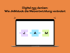 Illustration eines Laptops mit dem Titel „Digital neu denken: Wie JAMstack die Webentwicklung verändert“. Auf dem Bildschirm sind drei Puzzleteile zu sehen, die die Buchstaben „J“, „A“ und „M“ darstellen, die für JavaScript, APIs und Markup stehen, und die die wesentlichen Komponenten von JAMstack symbolisieren. Der Hintergrund ist orange, und der Text ist fett und in schwarzer Schrift.