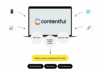 Diagram illustrating how Contentful works as a headless CMS. A laptop displays the Contentful logo, surrounded by icons representing different channels. Below, bubbles highlight key features: API-driven, flexible content model, and headless CMS. The outcome shown is delivering content quickly and efficiently for brand building, recruiting, and e-commerce.