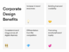 Graphic titled “Corporate Design Benefits” showing five advantages of a consistent corporate design: increase in brand awareness, building trust and credibility, consistent brand image across all digital channels, differentiation from the competition, and promoting emotional brand loyalty.