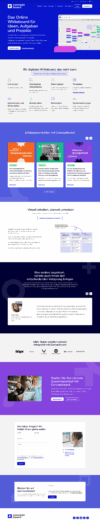 Conceptboard Landingpage: Das Online Whiteboard für Ideen, Aufgaben und Projekte mit Feature-Übersicht und Kundenbewertungen. Vollständiger Screenshot einer Website in Blau- und Violetttönen, die verschiedene Sektionen wie Hero-Bereich, Funktionen, Case Studies und ein Kontaktformular zeigt.