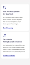 Zwei schlichte Karten mit Icons (Ordner und Lupe), die über Neuerungen und die Systemstabilität informieren.