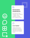 Feature-Vorstellung von Conceptboard mit Fokus auf „Grenzenlose Arbeitsfläche“ und „Live Cursor“ – visualisiert durch Icons und moderne Farbflächen.
