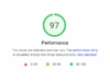 Screenshot of a website performance report showing a score of 97 in a green circle, indicating excellent performance (range 90–100). The text explains that values are estimates and includes a legend for score ranges and a link to the performance calculator.