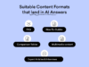 Overview of suitable content formats for AI answers, including FAQs, how-to guides, comparison tables, multimedia content, and expert articles and interviews.