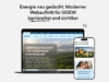 Keyvisual des GGEW-Website-Relaunches: Vor hellem Hintergrund steht oben die Headline „Energie neu gedacht: Moderner Webauftritt für GGEW barrierefrei und sichtbar“, das Wort „barrierefrei“ ist handschriftlich unterstrichen. Darunter ein schwarzer Laptop, der die Startseite der GGEW zeigt mit großem Headerbild einer Landschaft und dem Text „GGEW AG aus Bensheim – Ihr Energieanbieter an der Bergstraße“. Daneben ein Smartphone mit der mobilen Ansicht der Seite, auf der eine Photovoltaik-Teasergrafik mit interaktiven Punkten sowie ein Kasten „Freunde werben und Gutschein sichern!“ zu sehen sind – als Beispiel für den responsiven, modernen Webauftritt.