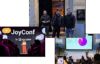 Teammitglieder von Friendventure auf der JoyConf von Storyblok – Gruppenfoto vor dem Eingang sowie Eindrücke von der Bühne und einem Vortrag zu Google AI Overviews.
