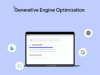 Generative Engine Optimization Grafik miit Laptop Mockup auf blauem Hintergrund, darum schweben Icons von Suchmaschinen