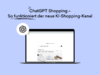 Illustration zu ChatGPT Shopping mit Laptop, ChatGPT-Interface und Produktkarten, die den neuen KI-basierten Shopping-Kanal zeigen.