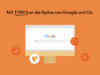 Hero-Grafik zur TYPO3-SEO-Optimierung mit Google-Suche, Icons für Sichtbarkeit, Performance und Wachstum sowie dem Text „Mit TYPO3 an die Spitze von Google und Co.“