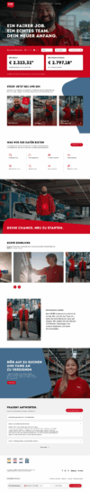 Vollständige Desktop-Ansicht der REWE Lieferservice Karriereseite mit einem modernen, vertikalen Layout. Die Seite umfasst: einen Hero-Bereich mit authentischem Mitarbeiter-Porträt und Slogan („Ein fairer Job. Ein echtes Team.“), einen interaktiven Gehaltsrechner für Fahrer und Logistik-Personal, Kacheln für verschiedene Einstiegsbereiche, eine Übersicht der Arbeitgeber-Benefits, Video-Teaser für echte Einblicke in den Arbeitsalltag sowie einen FAQ-Bereich für Bewerber. Das Design nutzt die markentypischen Farben Rot, Weiß und Blau.