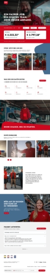 Vollständige Desktop-Ansicht der REWE Lieferservice Karriereseite mit einem modernen, vertikalen Layout. Die Seite umfasst: einen Hero-Bereich mit authentischem Mitarbeiter-Porträt und Slogan („Ein fairer Job. Ein echtes Team.“), einen interaktiven Gehaltsrechner für Fahrer und Logistik-Personal, Kacheln für verschiedene Einstiegsbereiche, eine Übersicht der Arbeitgeber-Benefits, Video-Teaser für echte Einblicke in den Arbeitsalltag sowie einen FAQ-Bereich für Bewerber. Das Design nutzt die markentypischen Farben Rot, Weiß und Blau.