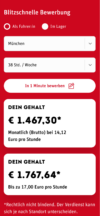 Interaktives Tool für die Blitzbewerbung bei REWE. Auswahlmöglichkeit für Jobs als Fahrer oder im Lager, Standortwahl München und Arbeitszeitmodell (38 Std./Woche) mit einer Beispielrechnung für das monatliche Bruttogehalt von bis zu 1.767,64 €.