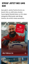 Informationsbereich „Steig’ jetzt bei uns ein“ mit einem Foto eines REWE Lieferfahrers bei der Arbeit. Ein roter Badge weist darauf hin, dass für diese Position ein Führerschein notwendig ist.