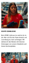 Sektion „Echte Einblicke“ mit Fotos aus dem Arbeitsalltag im REWE Logistikzentrum. Eine Mitarbeiterin scannt Waren im Regal, während ein weiteres Bild ein Team-Gespräch in der Lagerhalle zeigt.