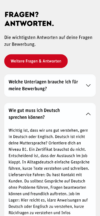 FAQ-Bereich „Fragen? Antworten.“ für Bewerber. Ein ausgeklapptes Menü erklärt die Anforderungen an Deutschkenntnisse (Niveau B1) für Lieferservice-Fahrer und Lager-Mitarbeiter bei REWE.