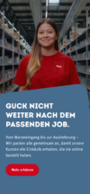 Abschluss-Sektion mit dem Call-to-Action „Guck nicht weiter nach dem passenden Job“. Ein Foto zeigt eine lächelnde Mitarbeiterin im REWE Lager mit einem roten „Mehr erfahren“ Button.