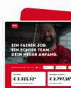 Desktop-Ansicht der REWE Lieferservice Karriereseite mit einem authentischen Porträt eines lächelnden Auslieferungsfahrers. Die Headline „Ein fairer Job. Ein echtes Team.“ wird kombiniert mit einem interaktiven Gehaltsrechner für Fahrer und Lager-Mitarbeiter.