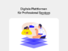 Illustration zu digitalen Plattformen für Professional Services mit zwei Personen im Austausch, dargestellt auf einer mehrschichtigen Plattformstruktur.