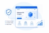 Modern gestaltete Website-Oberfläche in Blau-Weiß mit Icons für Sicherheit, Nutzer:innen und Cloud sowie einem steigenden Diagramm; daneben Stichpunkte zu Vertrauen aufbauen, Kompetenz zeigen und Marke stärken.