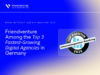 A blue and yellow blog header image celebrating Friendventure digital agency's consecutive placement in the top 3 of the fastest-growing digital agencies within the BVDW internet agency ranking 2026, accompanied by a circular award badge on the right.
