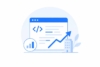 Illustration einer technischen Website mit Code-Elementen, kombiniert mit wachsendem Diagramm und Pfeil nach oben; daneben ein Gebäude als Symbol für Business-Wachstum und wirtschaftlichen Erfolg.