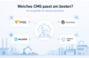 Infografik zur CMS-Auswahl für Industrieunternehmen mit den Systemen TYPO3, WordPress, Storyblok und Headless CMS Lösungen vor einer Industrie-Illustration.