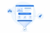 Illustration einer Website mit Call-to-Action „Jetzt Demo anfordern“, verbunden mit Icons für Nutzer:innen und Raketen-Launch; darunter ein Funnel, der den Weg von Besuchenden zur Conversion symbolisiert.