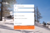 I-Design einer Online-Suchmaske für die Website Frosch Ferienhäuser, dargestellt vor dem Hintergrund einer verschneiten Winterlandschaft mit Berghütten