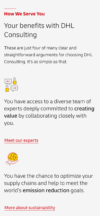 Sektion „How We Serve You“ mit Fokus auf Zusammenarbeit mit Experten und Optimierung der Lieferkette zur Erreichung von Klimazielen.