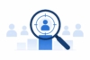 Illustration einer Zielgruppenanalyse mit Lupe, fokussierter Person im Zentrum sowie abstrahierten Nutzer-Icons und Balkendiagramm zur Visualisierung von Markt- oder Wettbewerbssegmentierung.
