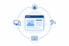 Illustration einer nutzerzentrierten Website mit Fokus auf barrierefreie und multisensorische Nutzung, dargestellt durch Webinterface sowie Symbole für visuelle Wahrnehmung, Hören, verschiedene Endgeräte und Tastaturbedienung.