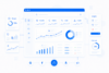 Eine Benutzeroberfläche visualisiert wichtige KPIs wie Bestellungen, Umsatz, Conversion Rate und Besucherzahlen mit Liniendiagrammen. Ein zentrales Tortendiagramm zeigt die Budgetverteilung, während am unteren Rand Schnittstellen zu Google, Facebook, Amazon und Marketing-Kanälen dargestellt sind. Seitliche Widgets zeigen Insights und Umsatzpotenziale.