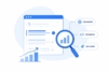 Illustration einer Website mit Suchleiste und Content-Struktur, hervorgehoben durch eine Lupe mit wachsendem Balkendiagramm; daneben Icons und Labels für Zielgruppe, technische Aspekte und Use Cases.