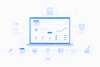 Ein Laptop zeigt das Frontend eines modernen Online-Shops mit Produktansichten und Performance-Graphen. Um den Laptop herum sind Icons für Quellcode, IT-Sicherheit und Cloud-Server angeordnet. Am unteren Rand visualisiert eine CI/CD-Pipeline den Entwicklungsprozess vom Code über die Datenbank bis zum skalierten Cloud-Hosting und Umsatzwachstum.