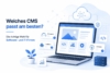Illustration zur Wahl des passenden CMS für Software- und IT-Firmen mit einem Laptop-Mockup und Icons für Performance, Flexibilität und Sicherheit in einem modernen blauen Tech-Design.