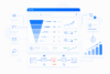 Ein Dashboard zeigt einen klassischen Conversion-Funnel mit prozentualen Einbrüchen der Customer Journey. Am unteren Rand wird ein Checkout-Prozess visualisiert, bei dem ein optimierter Schritt eine Reduzierung der Abbruchquote um 64 Prozent zeigt. Rechts daneben veranschaulicht ein Balkendiagramm das resultierende Umsatzwachstum.