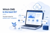 Illustration of CMS selection for software and IT companies, featuring a laptop interface with icons representing performance, flexibility, security, cloud infrastructure, and scalable digital architecture.