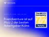 Die Grafik ist in einem modernen Blauverlauf gestaltet, der von einem dunklen Blau rechts oben zu einem hellen Beige/Blau links unten verläuft. Oben links: Weißes Logo der „FRIENDVENTURE DIGITALAGENTUR“. Zentrum links: Dreizeiliger weißer Text. Dachzeile (kleiner, Versalien): „OFFIZIELLES KUNUNU-RANKING 2026“. Headline (groß, kursiv/fett): „Platz 2 der besten Arbeitgeber Kölns“. Rechts: Das offizielle „Top Company 2026“ Siegel von kununu. Es zeigt ein gelbes, geschwungenes Logo auf weißem Grund mit dem Schriftzug „kununu“ in einem dunkelblauen Balken am unteren Rand. Gestaltung: Eine feine weiße Trennlinie verläuft horizontal im oberen Viertel der Grafik.