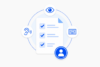 lau-weißes Icon zur Barrierefreiheit im Webdesign mit einer Checkliste und Symbolen für visuelle, auditive und Tastatur-Bedienbarkeit nach BITV-Standards.