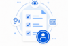 lau-weißes Icon zur Barrierefreiheit im Webdesign mit einer Checkliste und Symbolen für visuelle, auditive und Tastatur-Bedienbarkeit nach BITV-Standards.