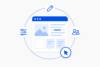 Blau-weißes Leistungs-Icon zur Redaktionsfreiheit, das ein flexibles Website-Layout mit Symbolen für Text-Editing, modulare Inhaltselemente und intuitive Administration zeigt.