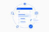 Minimalistisches Vektor-Icon zum Thema digitale Sichtbarkeit, dargestellt durch ein Suchmasken-Interface umgeben von Symbolen für SEO-Optimierung, KI-Features und Top-Rankings-