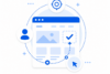 Minimalistisches Icon für UX/UI Design, das ein Website-Layout mit Cursor-Pfad, User-Profil und einem Fadenkreuz zur Zielgruppen-Optimierung zeigt.