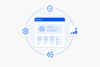 Flat-Design-Icon für Zukunftssicherheit und Performance, das ein robustes CMS mit Symbolen für Datenschutz, Skalierbarkeit, System-Updates und moderne IT-Architektur illustriert.