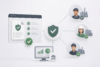 Illustration eines digitalen Compliance-Prozesses mit zentralem Dokument, Sicherheits-Symbol und verbundenen Mitarbeitenden an verschiedenen Standorten.