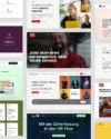 Verschiedenen Webdesign-Ausschnitten erfolgreicher B2B- und B2C-Karriereseiten. Zu sehen sind prominente Hero-Sections mit ausdrucksstarken Mitarbeiter-Fotos, Job-Suchmasken, übersichtliche Benefit-Cards (wie Jobticket und Fitness-Studio) sowie Beispiellayouts von Großunternehmen wie DHL Consulting, REWE Lieferservice und Lekkerland. Das Bild verdeutlicht eine moderne, nutzerzentrierte Candidate Journey im digitalen Employer Branding.
